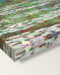 The Japanese Footbridge by Claude Monet on stretched canvas, corner close-up: the painting mirror-wrapped round the sides