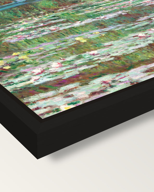 The Japanese Footbridge by Monet framed canvas, corner close-up: a black floating frame with a shadow gap round the canvas