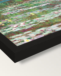 The Japanese Footbridge by Monet framed print, corner close-up: black moulding, mitred, the print set just below its edge