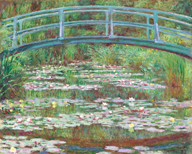 The Japanese Footbridge by Claude Monet: an arched green footbridge over a pond of water lilies, surrounded by foliage