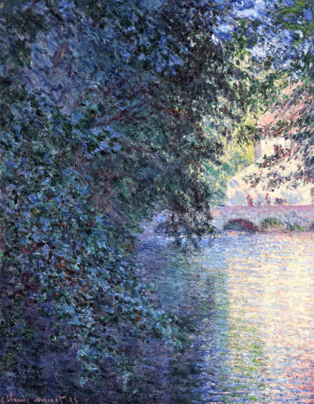 The Mill at Limetz by Claude Monet: dark blue and green trees over a shining river, a stone mill at the right edge
