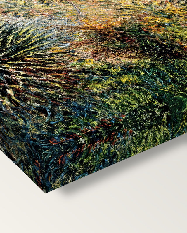 The Moreno Garden by Claude Monet on stretched canvas, corner close-up: the painting mirror-wrapped round the sides