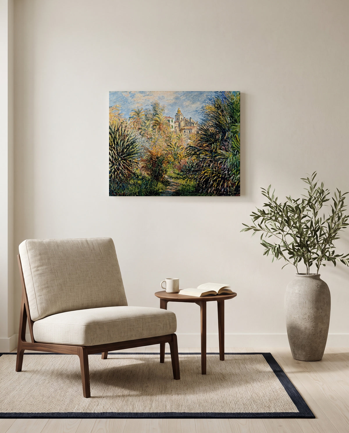 The Moreno Garden by Claude Monet as a stretched canvas above a linen lounge chair in a reading corner