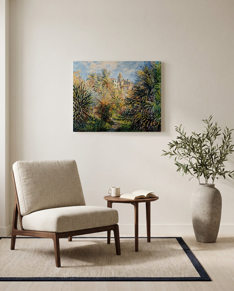 The Moreno Garden by Claude Monet as a stretched canvas above a linen lounge chair in a reading corner