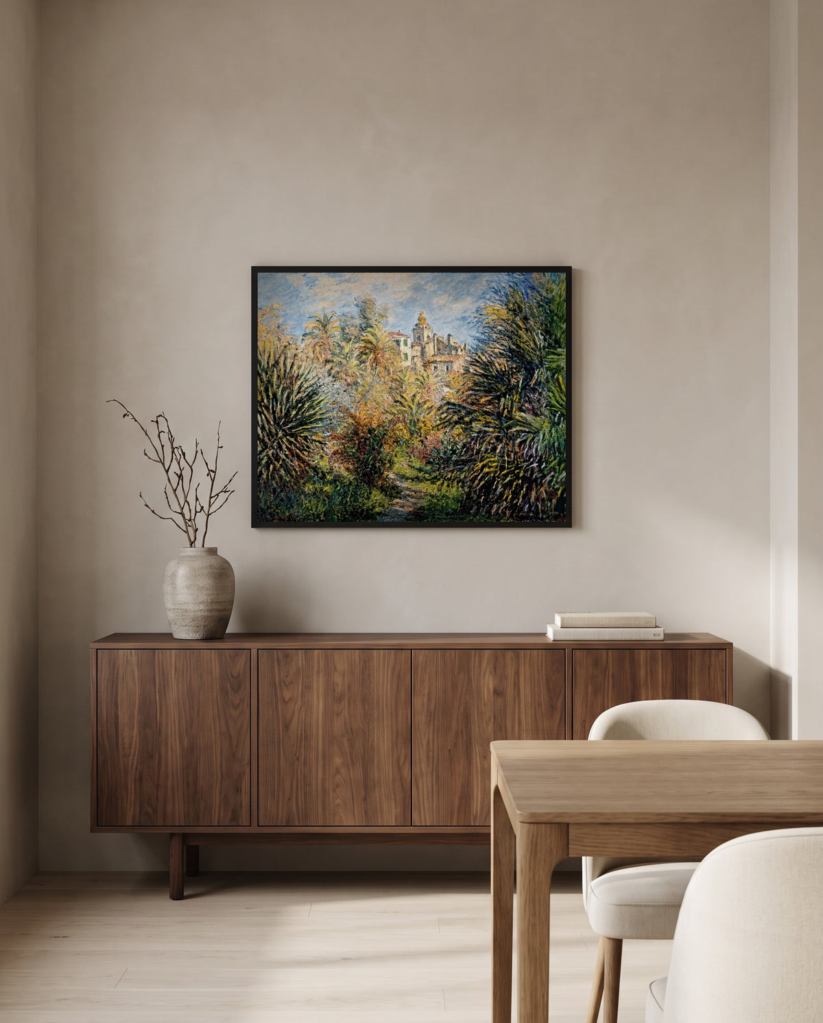 The Moreno Garden by Claude Monet in a black frame above a walnut sideboard in a dining room