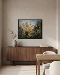 The Moreno Garden by Claude Monet in a black frame above a walnut sideboard in a dining room