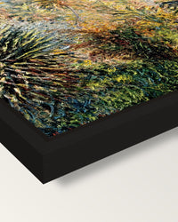 The Moreno Garden by Claude Monet framed canvas, corner close-up: a black floating frame with a shadow gap round the canvas