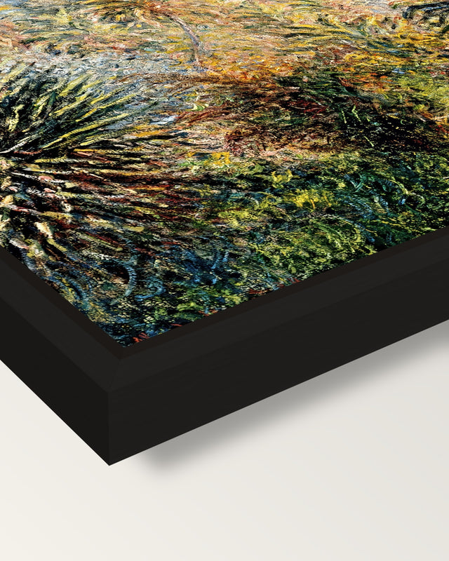 The Moreno Garden by Claude Monet framed canvas, corner close-up: a black floating frame with a shadow gap round the canvas