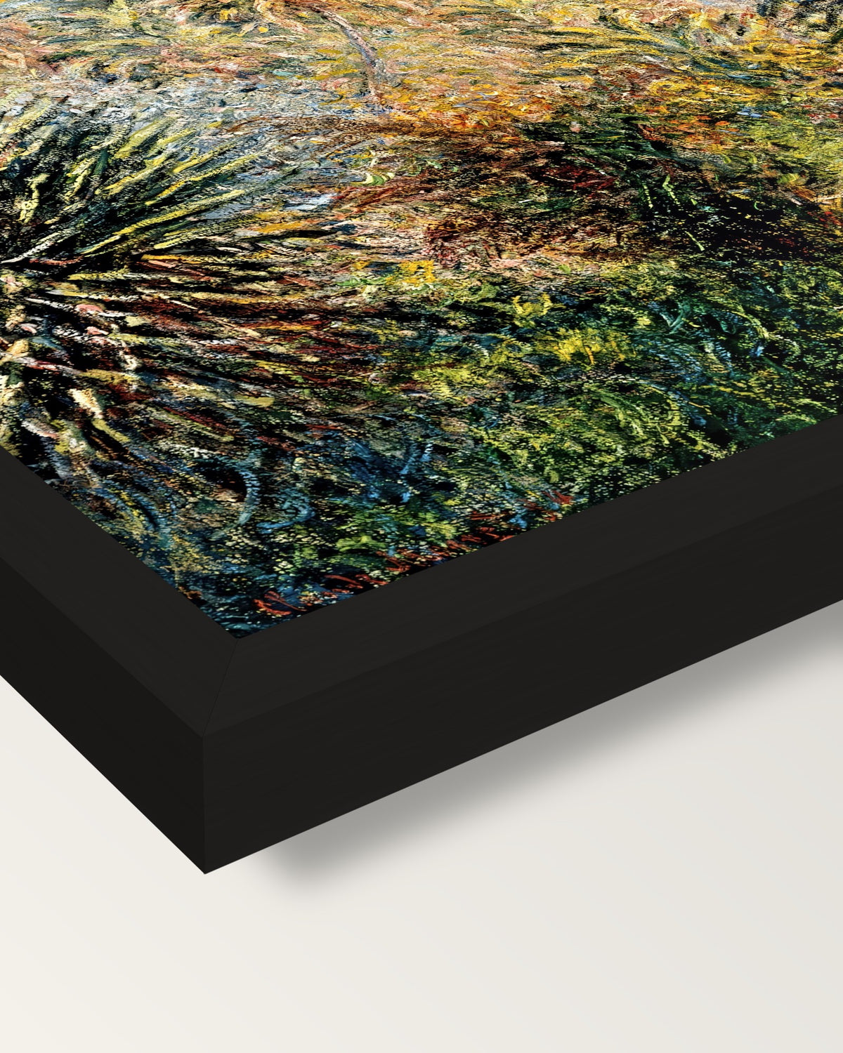The Moreno Garden by Claude Monet framed print, corner close-up: black moulding, mitred, the print set just below its edge