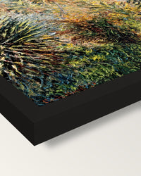 The Moreno Garden by Claude Monet framed print, corner close-up: black moulding, mitred, the print set just below its edge