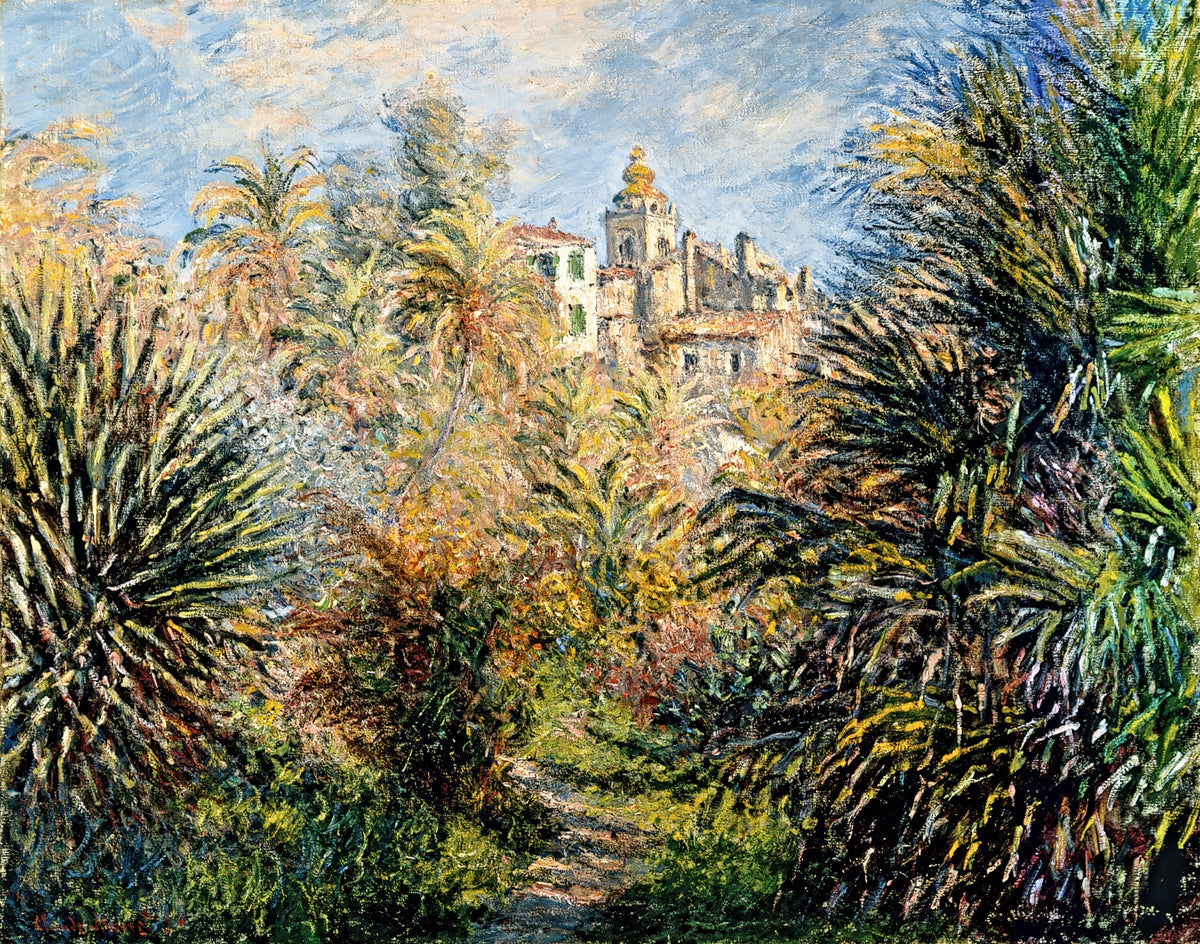 The Moreno Garden at Bordighera by Claude Monet: palm fronds and trees in sun and shade, a pale villa against a blue sky