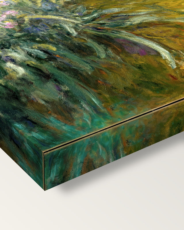 The Path through the Irises by Claude Monet on stretched canvas, corner close-up: the painting mirror-wrapped round the sides