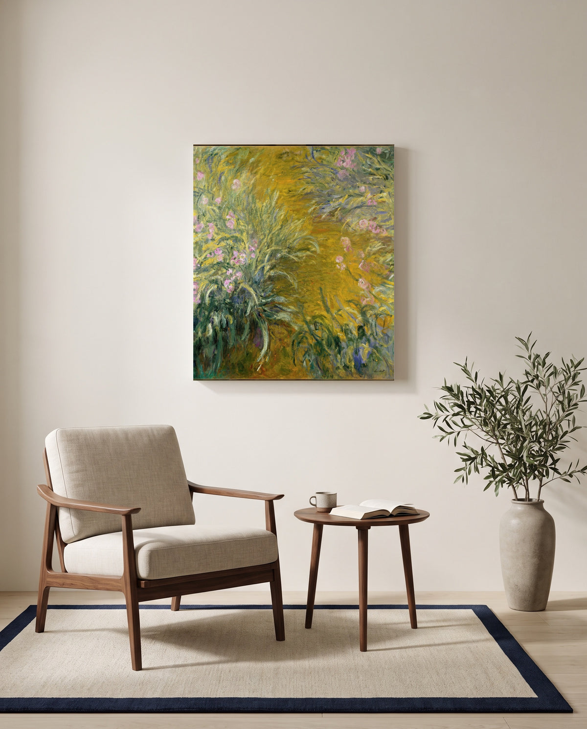 The Path through the Irises by Claude Monet as a stretched canvas above a linen lounge chair in a reading corner