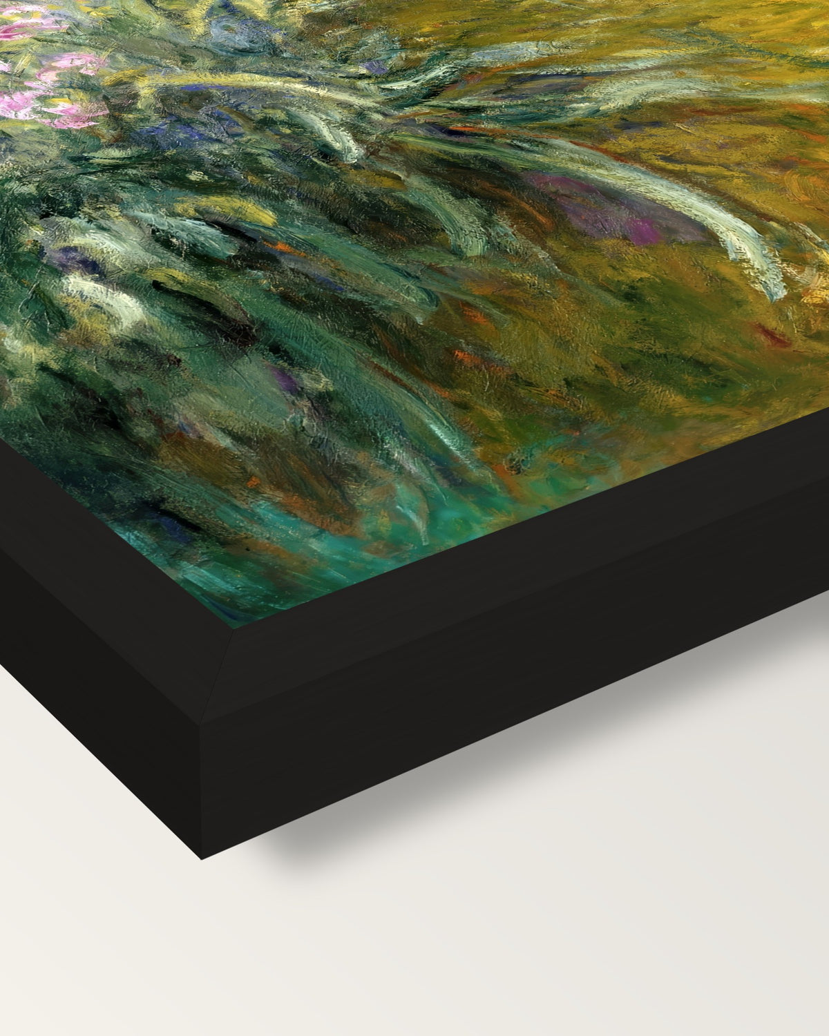 The Path through the Irises by Monet framed print, corner close-up: black moulding, mitred, the print set just below its edge