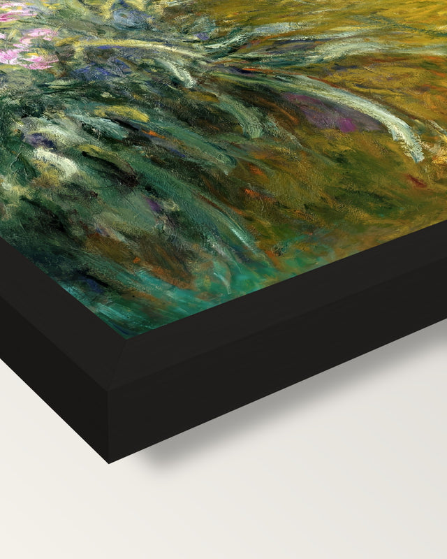 The Path through the Irises by Monet framed print, corner close-up: black moulding, mitred, the print set just below its edge