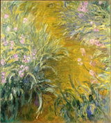 The Path through the Irises by Claude Monet: a golden garden path swamped by tall green leaves and pink and violet irises