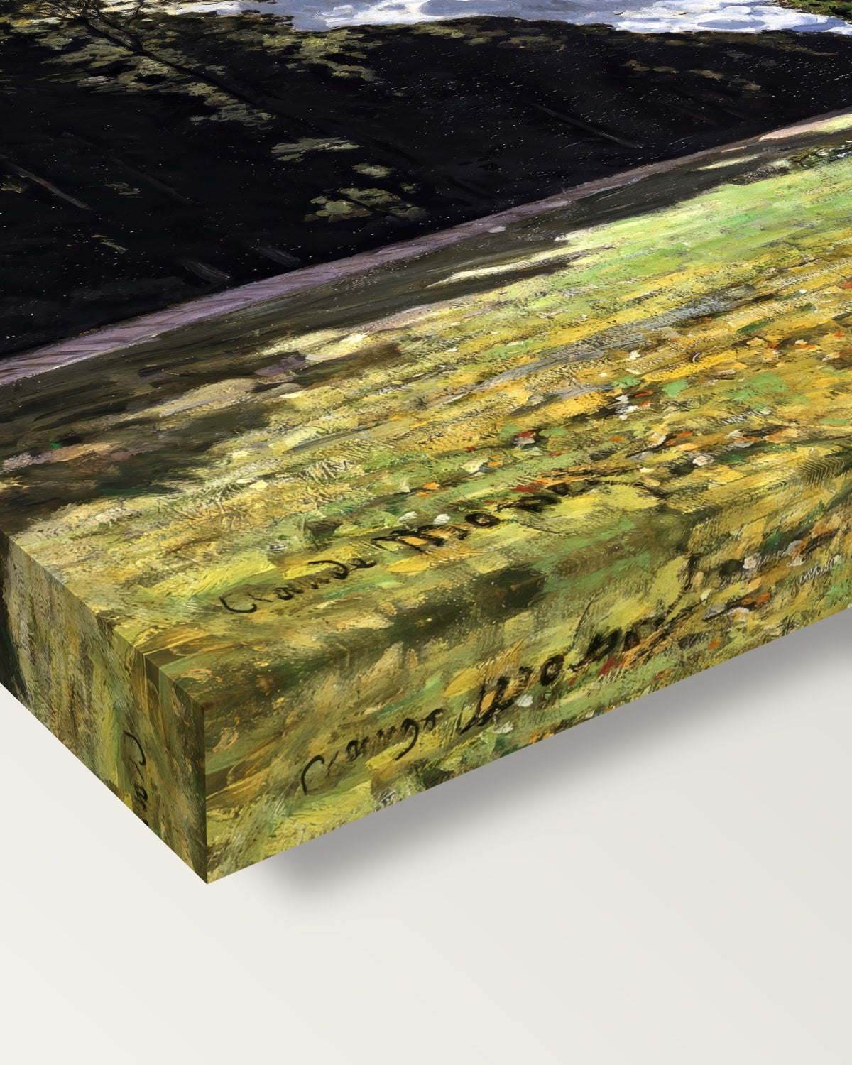 The Pavé de Chailly by Claude Monet on stretched canvas, corner close-up: the painting mirror-wrapped round the sides