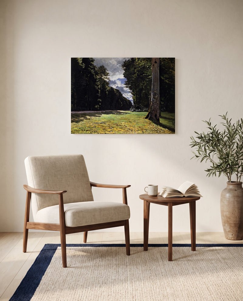 The Pavé de Chailly by Claude Monet as a stretched canvas above a linen lounge chair in a reading corner