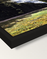 The Pavé de Chailly by Claude Monet framed canvas, corner close-up: a black floating frame with a shadow gap round the canvas
