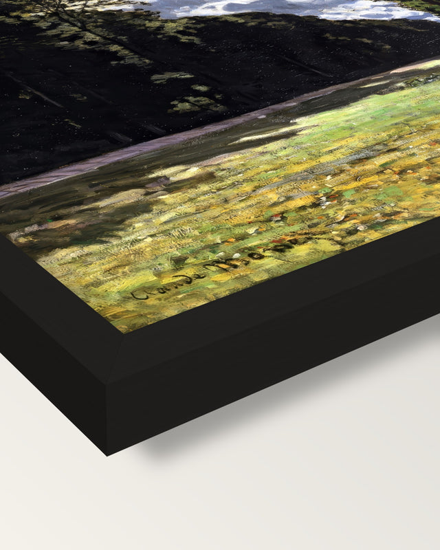The Pavé de Chailly by Claude Monet framed print, corner close-up: black moulding, mitred, the print set just below its edge