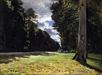 The Pavé de Chailly by Claude Monet: a sunny road and green verge running between tall dark forest trees under a cloudy sky