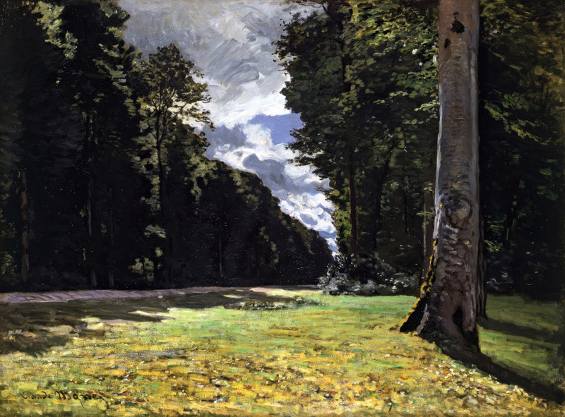 The Pavé de Chailly by Claude Monet: a sunny road and green verge running between tall dark forest trees under a cloudy sky
