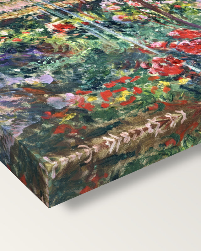 The Peony Garden by Claude Monet on stretched canvas, corner close-up: the painting mirror-wrapped round the sides