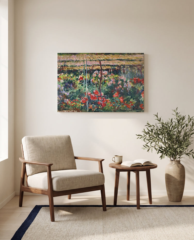 The Peony Garden by Claude Monet as a stretched canvas above a linen lounge chair in a reading corner