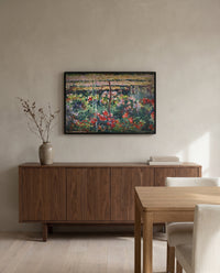 The Peony Garden by Claude Monet in a black frame above a walnut sideboard in a dining room
