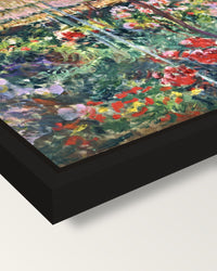 The Peony Garden by Claude Monet framed canvas, corner close-up: a black floating frame with a shadow gap round the canvas