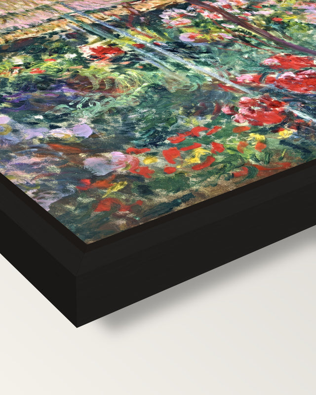 The Peony Garden by Claude Monet framed canvas, corner close-up: a black floating frame with a shadow gap round the canvas