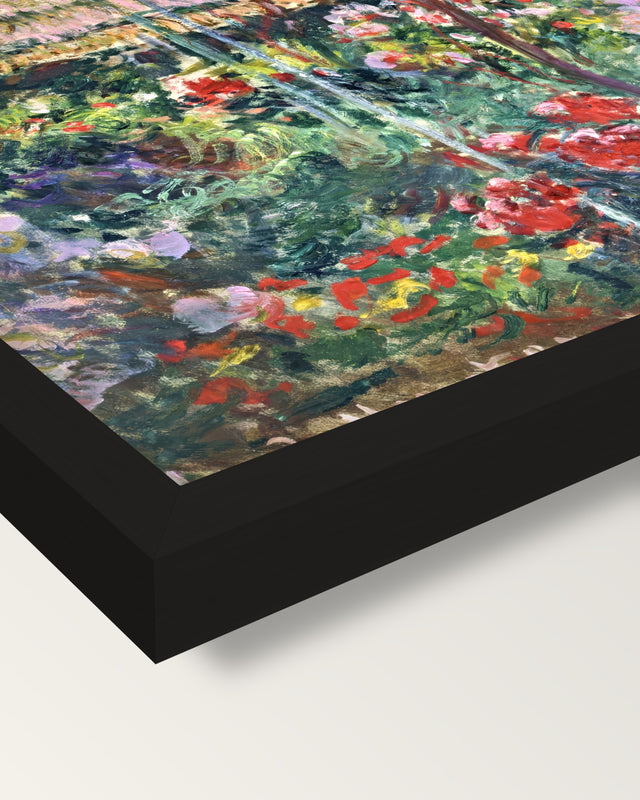 The Peony Garden by Claude Monet framed print, corner close-up: black moulding, mitred, the print set just below its edge