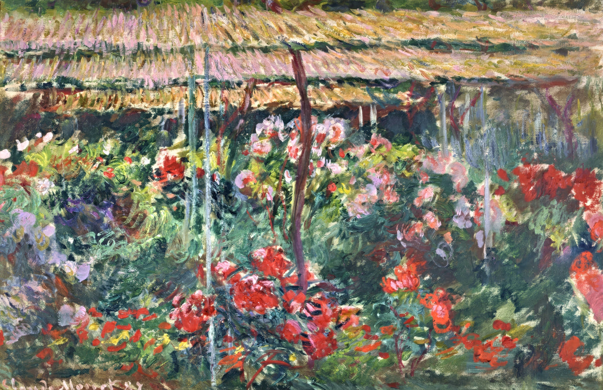The Peony Garden by Claude Monet: rows of red, pink and white peonies under a light screen, deep green leaves