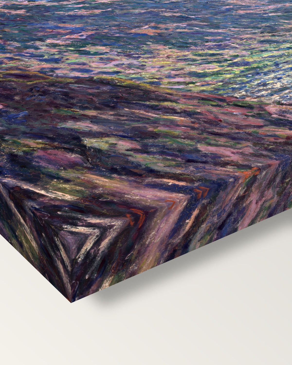 The Petite Creuse River by Claude Monet on stretched canvas, corner close-up: the painting mirror-wrapped round the sides