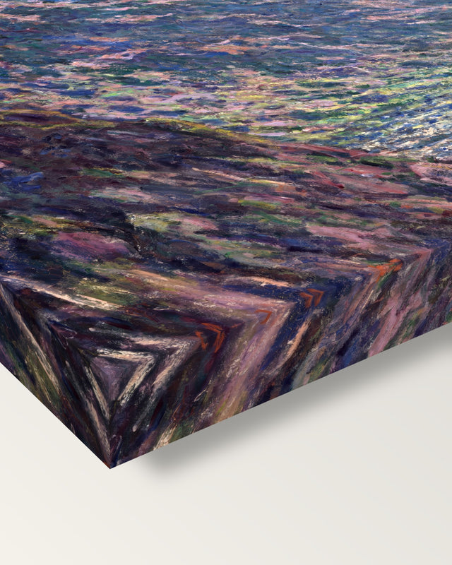 The Petite Creuse River by Claude Monet on stretched canvas, corner close-up: the painting mirror-wrapped round the sides