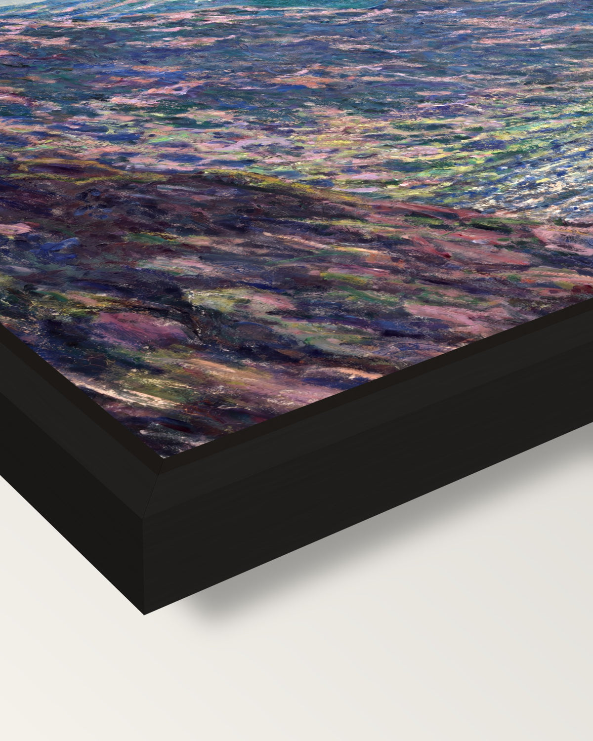 The Petite Creuse River by Monet framed canvas, corner close-up: a black floating frame with a shadow gap round the canvas