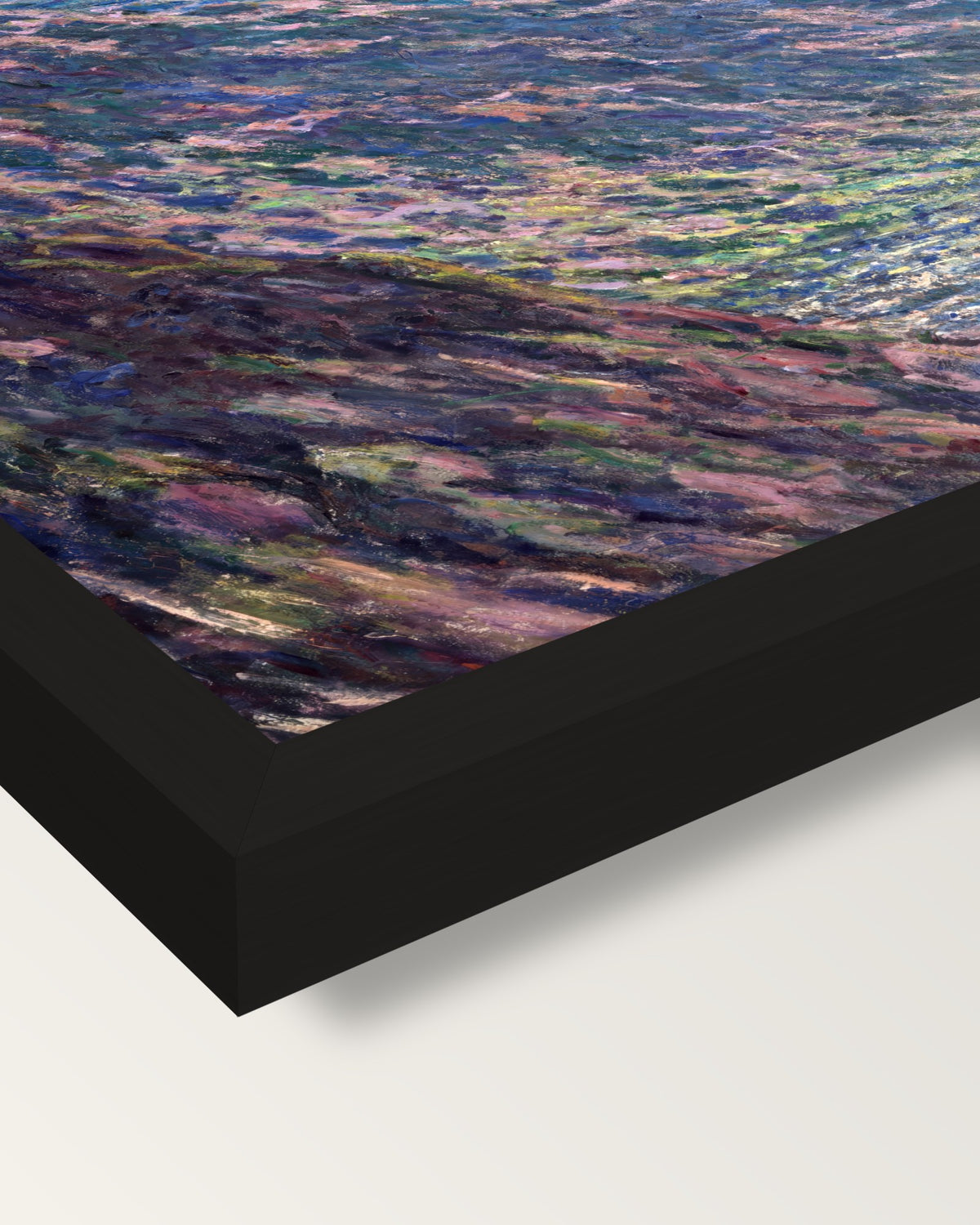 The Petite Creuse River by Monet framed print, corner close-up: black moulding, mitred, the print set just below its edge