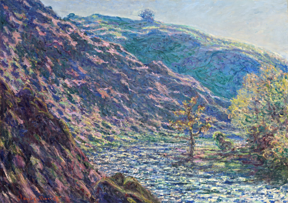 The Petite Creuse River by Claude Monet: a river winding through a steep valley with violet and green slopes and a bare oak