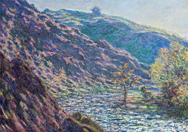 The Petite Creuse River by Claude Monet: a river winding through a steep valley with violet and green slopes and a bare oak