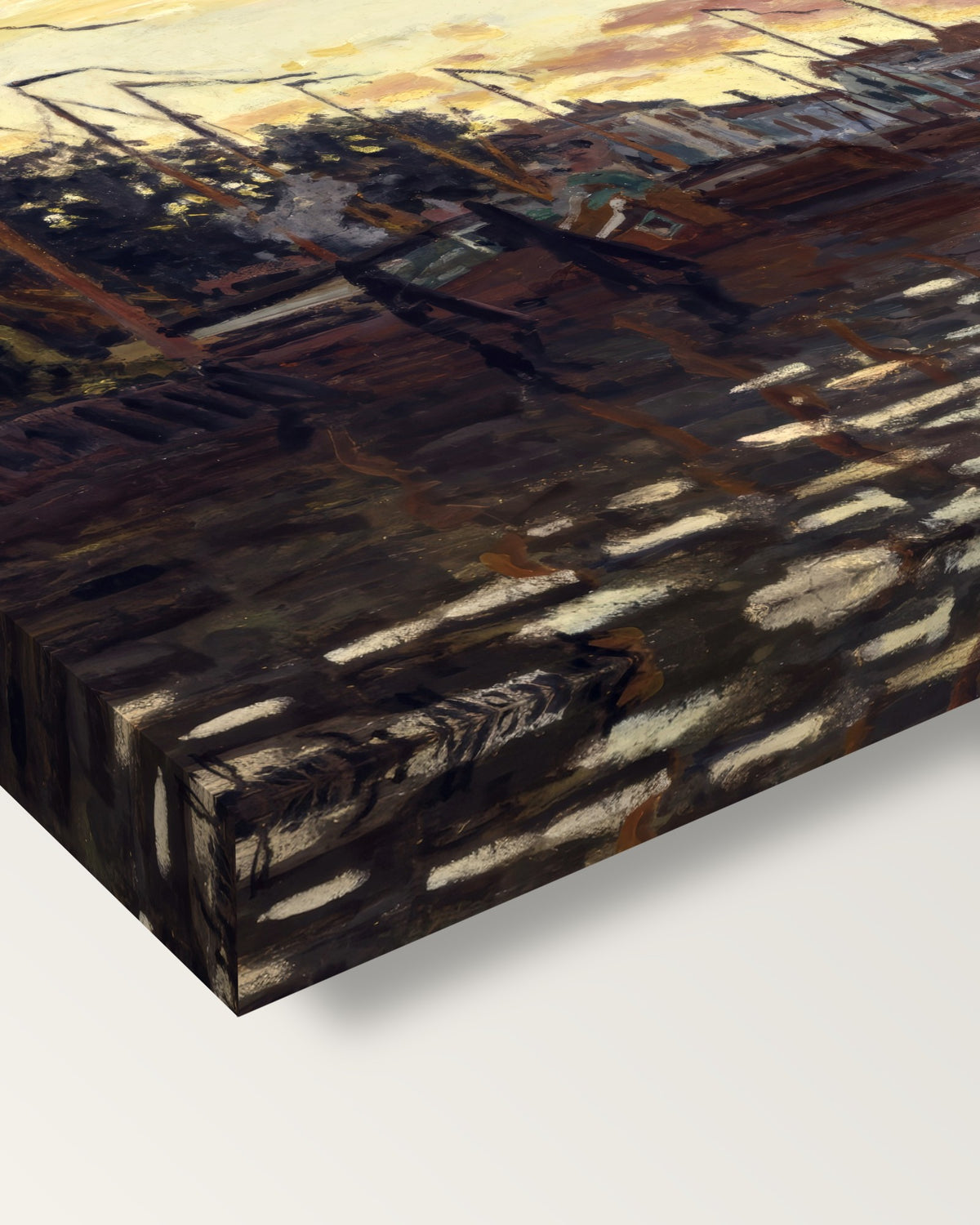 The Port of Zaandam by Claude Monet on stretched canvas, corner close-up: the painting mirror-wrapped round the sides