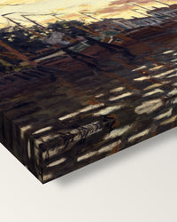 The Port of Zaandam by Claude Monet on stretched canvas, corner close-up: the painting mirror-wrapped round the sides
