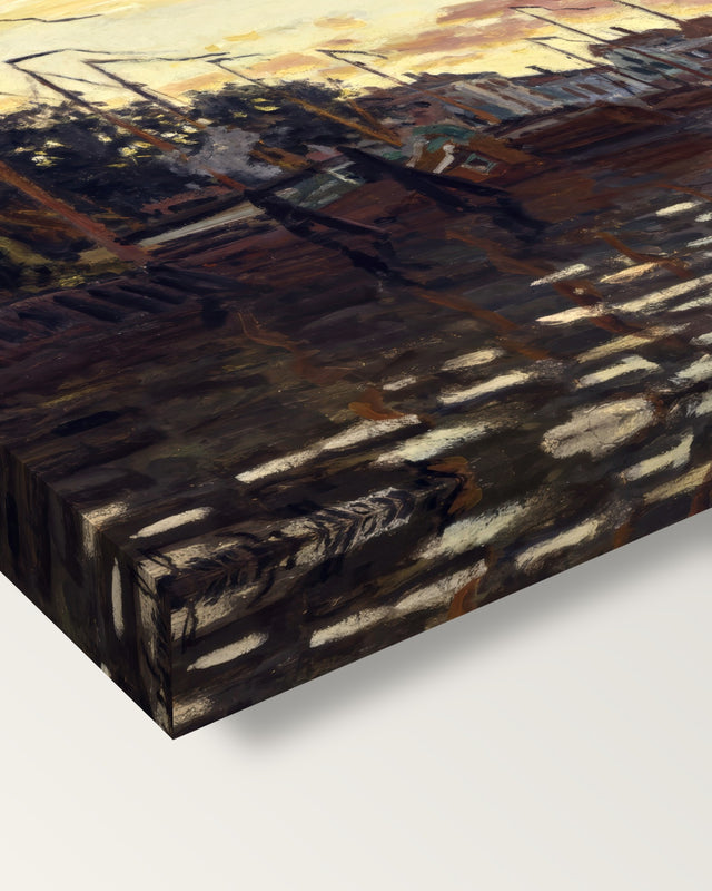 The Port of Zaandam by Claude Monet on stretched canvas, corner close-up: the painting mirror-wrapped round the sides