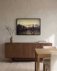 The Port of Zaandam by Claude Monet in a black frame above a walnut sideboard in a dining room