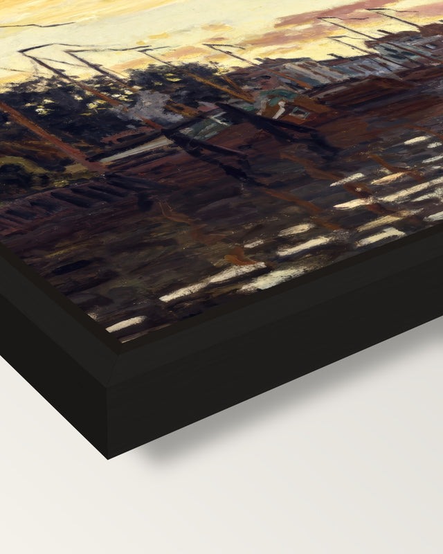 The Port of Zaandam by Claude Monet framed canvas, corner close-up: a black floating frame with a shadow gap round the canvas