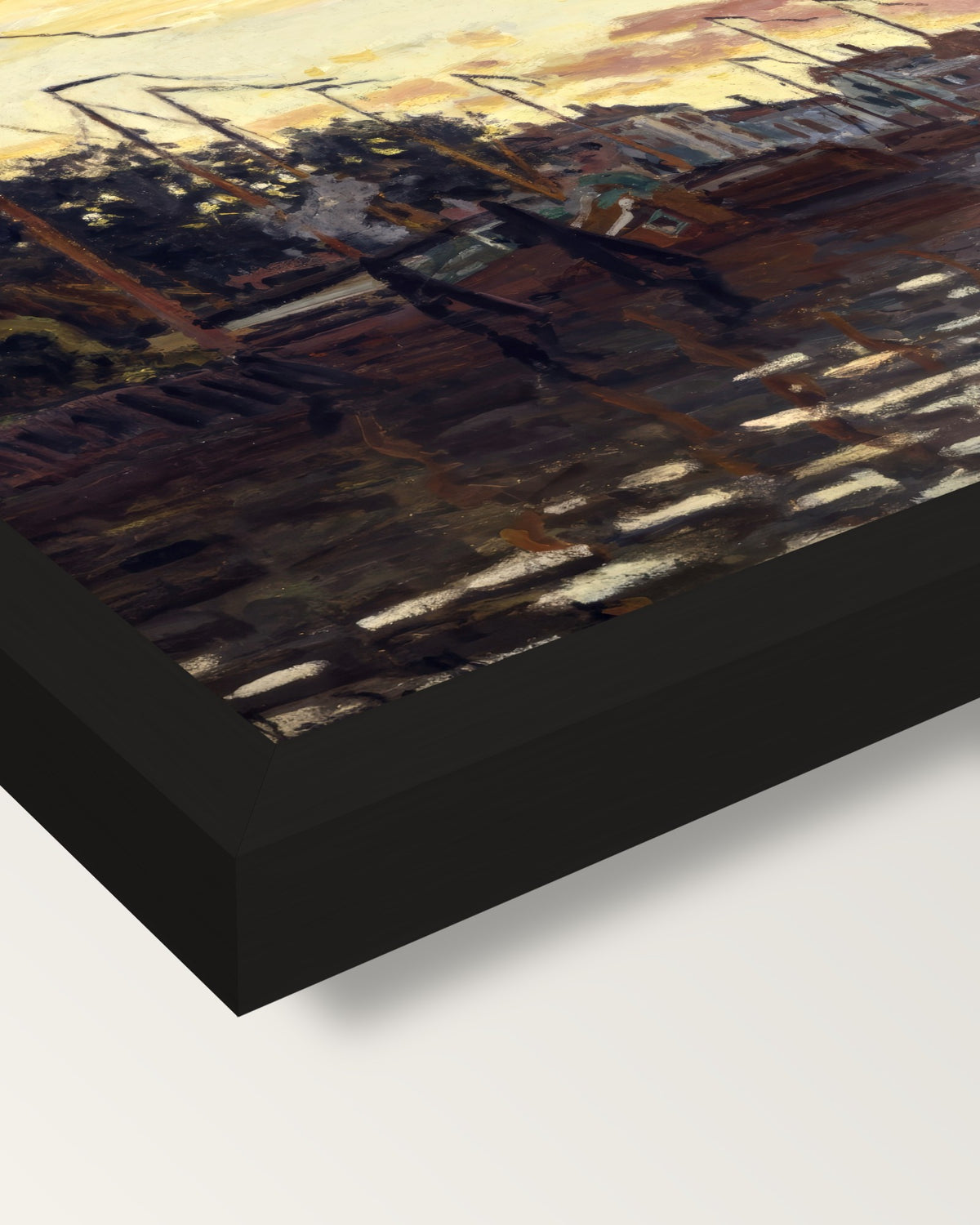 The Port of Zaandam by Claude Monet framed print, corner close-up: black moulding, mitred, the print set just below its edge