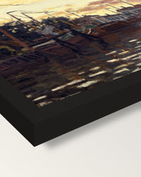The Port of Zaandam by Claude Monet framed print, corner close-up: black moulding, mitred, the print set just below its edge