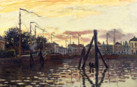 The Port of Zaandam by Claude Monet: masts and houses silhouetted against a gold and red sunset, reflected in dark water