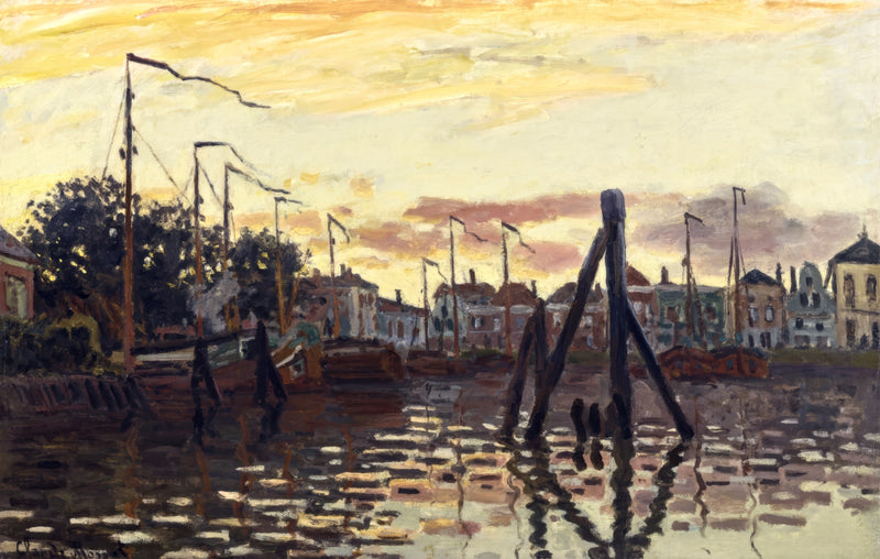 The Port of Zaandam by Claude Monet: masts and houses silhouetted against a gold and red sunset, reflected in dark water
