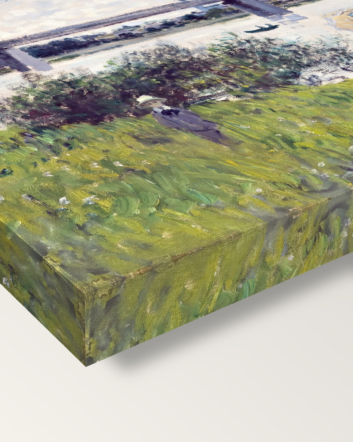 Promenade, Railroad Bridge by Claude Monet on stretched canvas, corner close-up: the painting mirror-wrapped round the sides