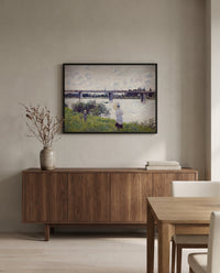 Promenade, Railroad Bridge by Claude Monet in a black frame above a walnut sideboard in a dining room